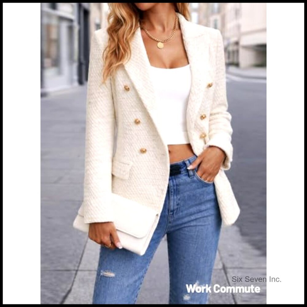 Women's Tweed Plaid Blazer Slim Fit Fully Lined Business Casual Jacket - Picture 4 of 7